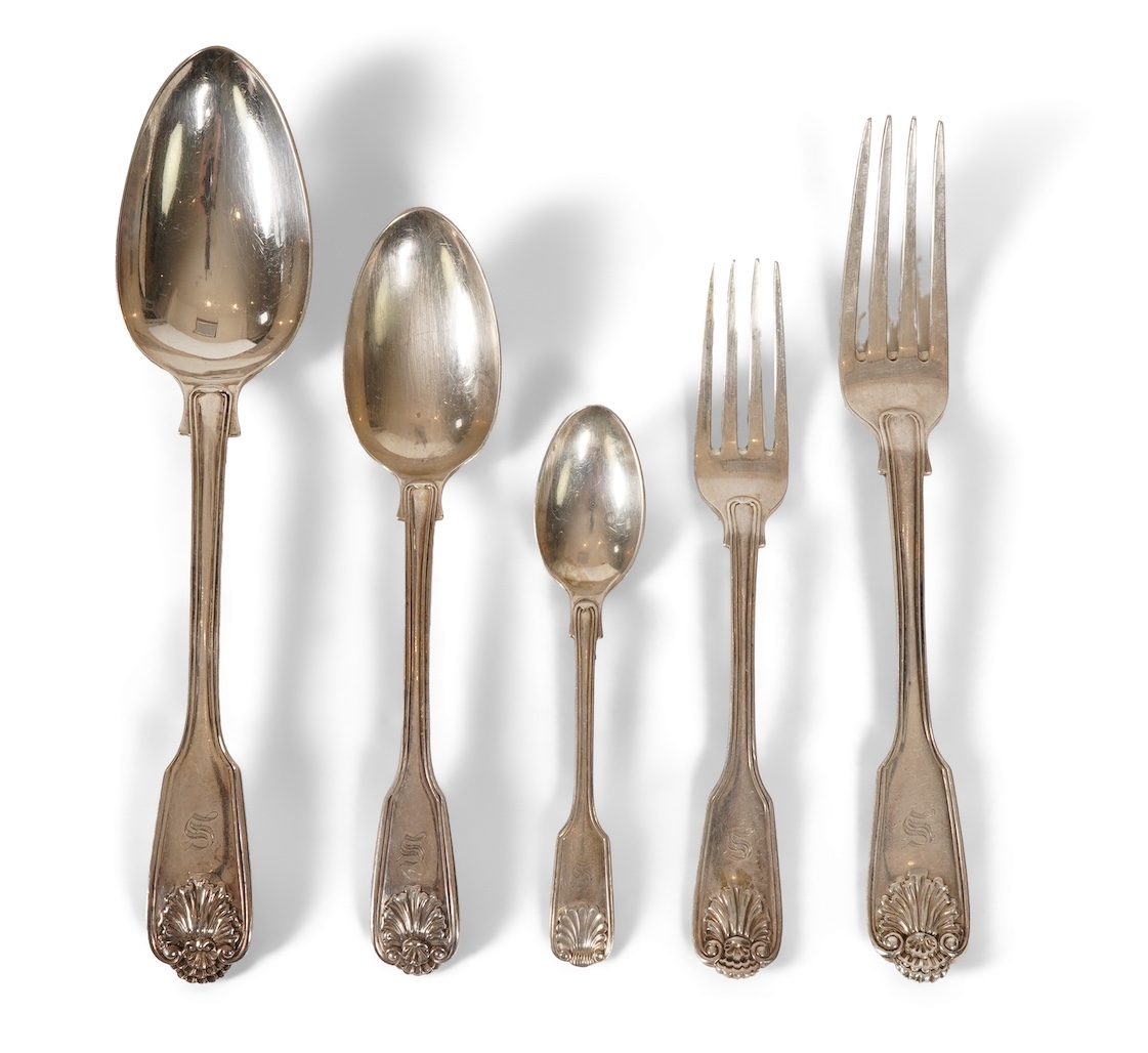 A matched part canteen of mainly 19th century silver double struck fiddle, thread and shell pattern flatware for twelve